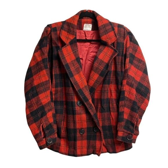 WOOL Plaid Double Breasted Fall Winter Jacket Red Black M - Picture 1 of 9